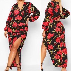 Boohoo Plus Floral Wrap Ruched Front Midaxi Dress 20 2X 3X